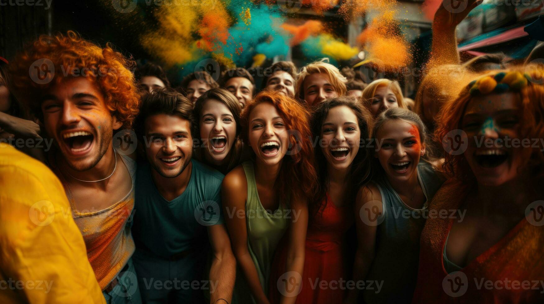 Group of young people having fun during a holi color festival.  Young multiethnic friends fun with colorful powder. photo