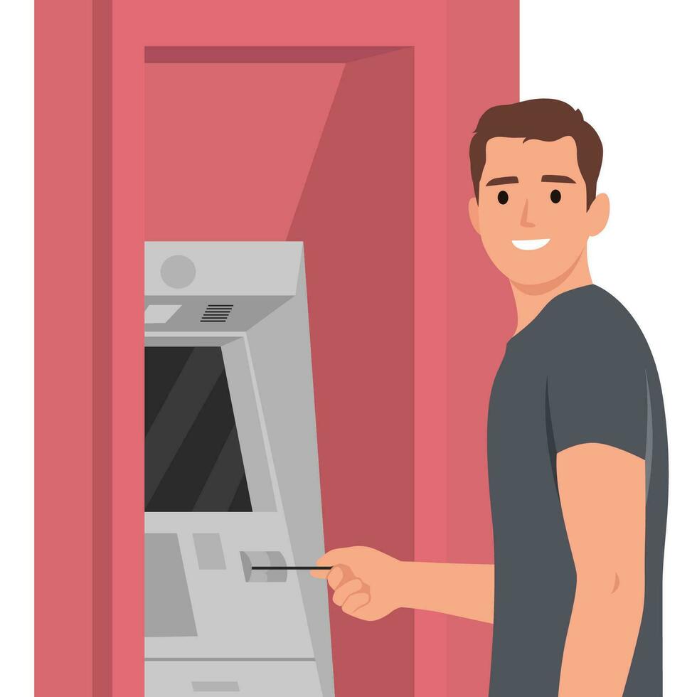 Withdrawing money on atm concept. Young man standing entering pincode on atm machine for getting money cash. vector