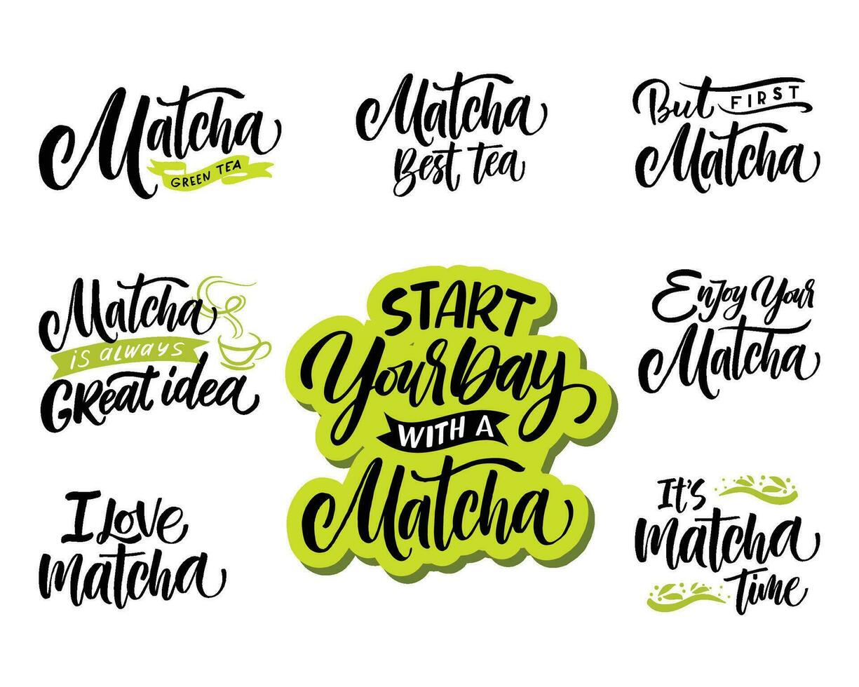 Matcha tea. Hand drawn lettering set about matcha tea.  Lettering cards. Can be used for shop, banner, poster vector
