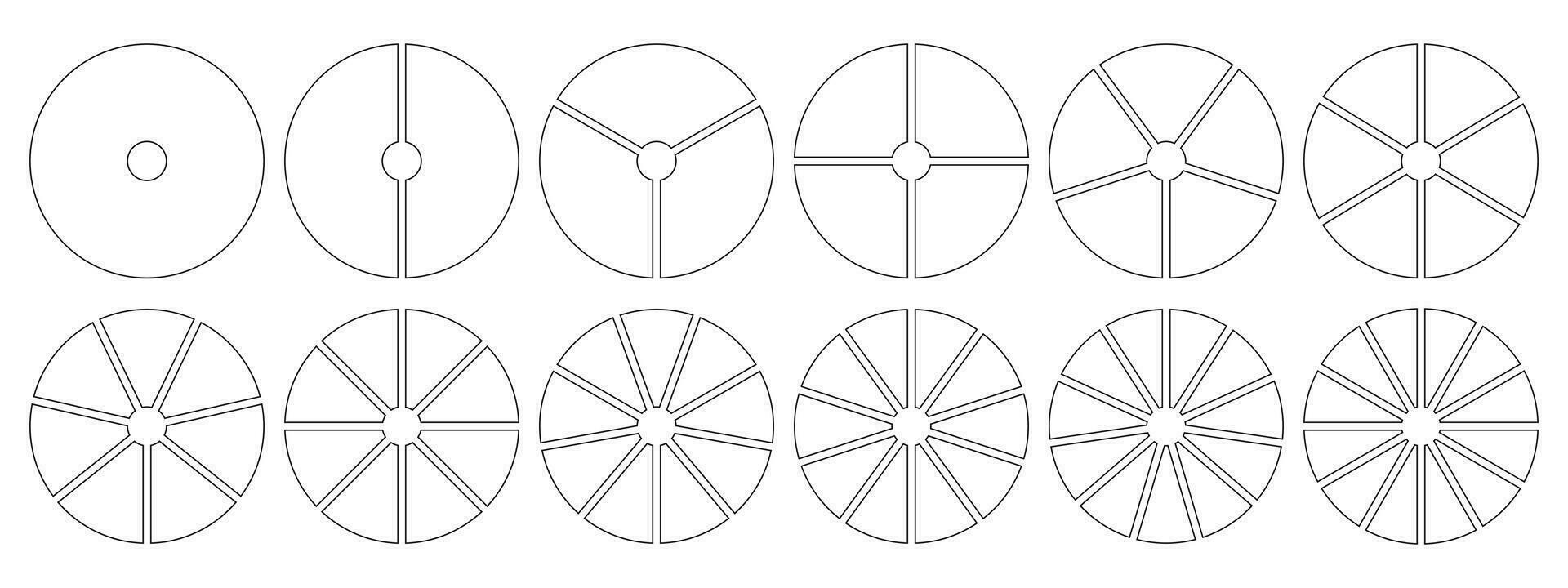 Pie chart templates. Circle divided on 1, 2, 3, 4, 5, 6, 7, 8, 9, 10, 11, 12 equal slices. Wheel diagrams with one, two, three, four, five, six, seven, eight, nine, ten, eleven, twelve sectors. Vector