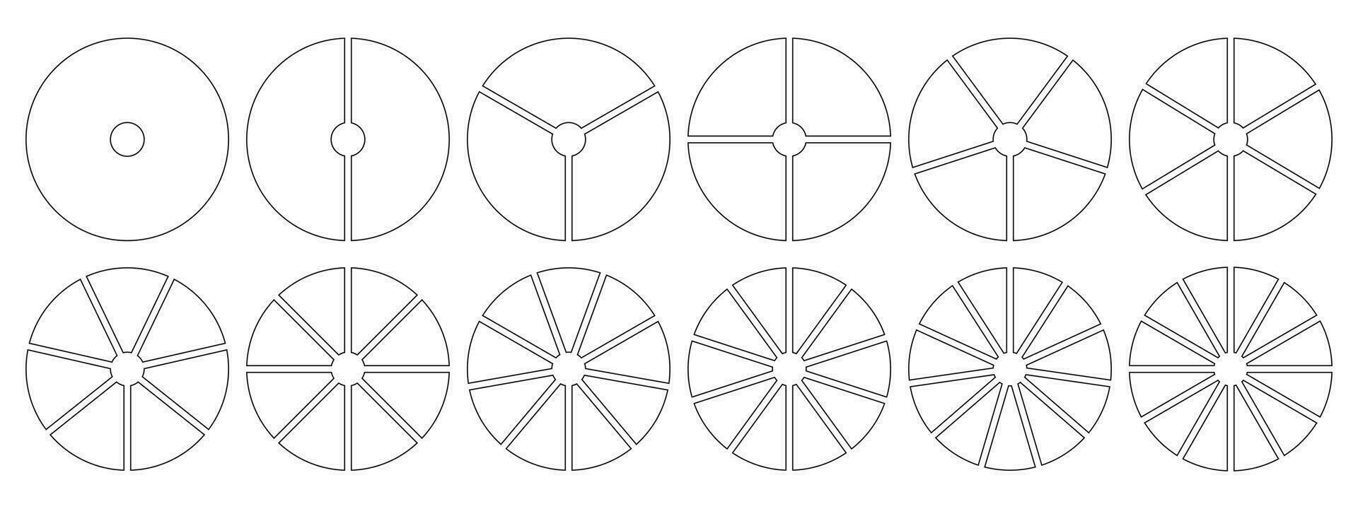 tarta gráfico plantillas. circulo dividido en 1, 2, 3, 4, 5, 6, 7, 8, 9, 10, 11, 12 igual rebanadas rueda diagramas con uno, dos, tres, cuatro, cinco, seis, Siete, ocho, nueve, diez, once, doce sectores vector