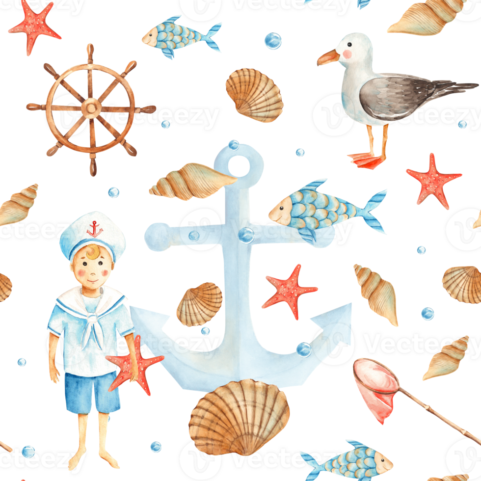 Watercolor sea seamless pattern with cute sailor boy, fishes, seagull, nautical anchor, red starfish, seashells, orange net, wooden steering wheel and water bubbles. Hand drawn illustration. png