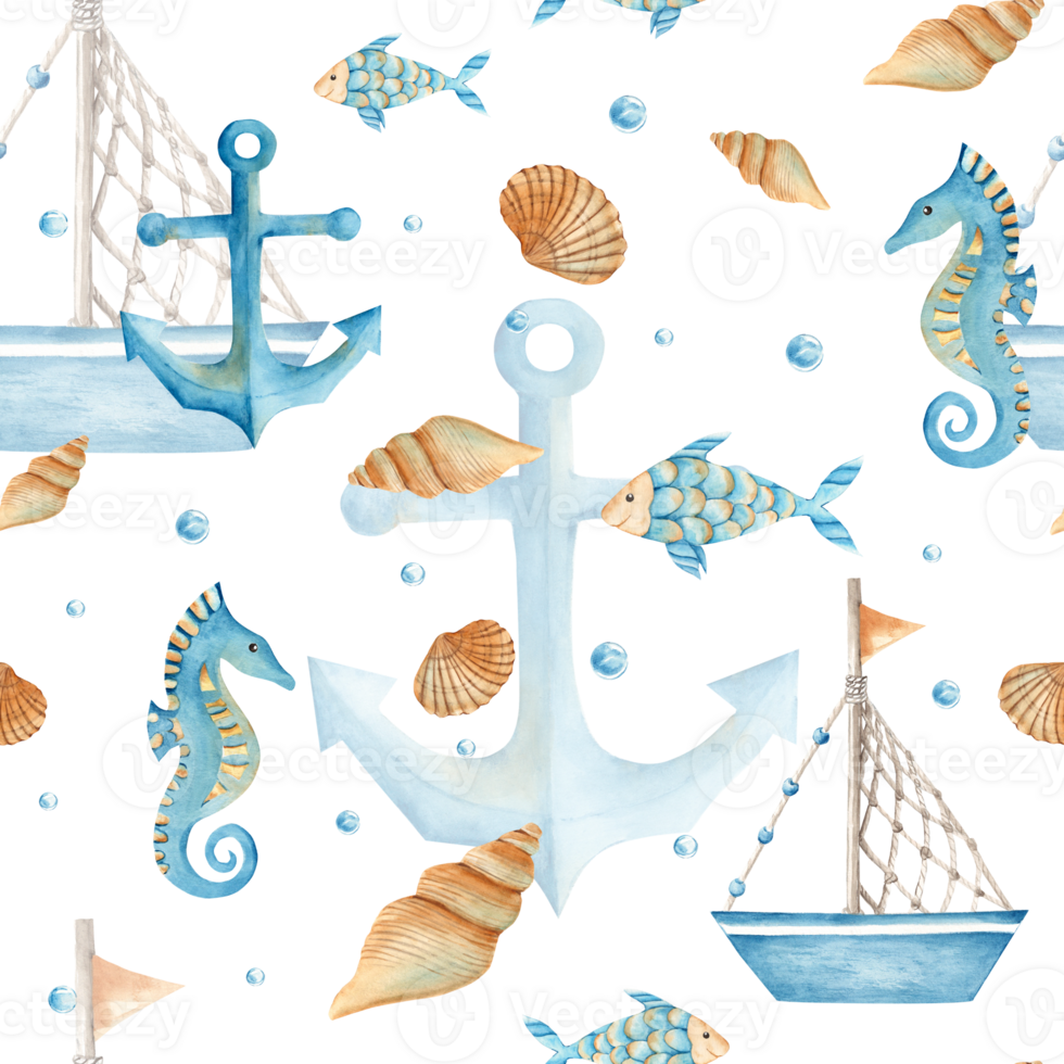 Watercolor sea seamless pattern with cute toy boat, ship, fishes, seahorse, nautical anchor, seashells and water bubbles. Hand drawn illustration. For fabric, textiles, baby clothes, wallpaper png