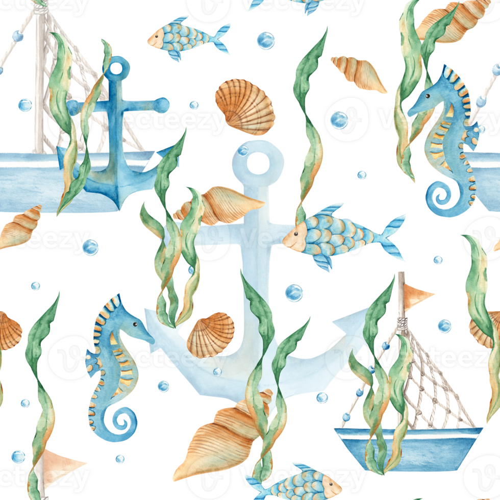 Watercolor under the sea hand drawn seamless pattern with cute ship, boat, fishes, seahorse, nautical anchor, seaweeds, seashells and water bubbles. For fabric, textiles, baby clothes, wallpaper png