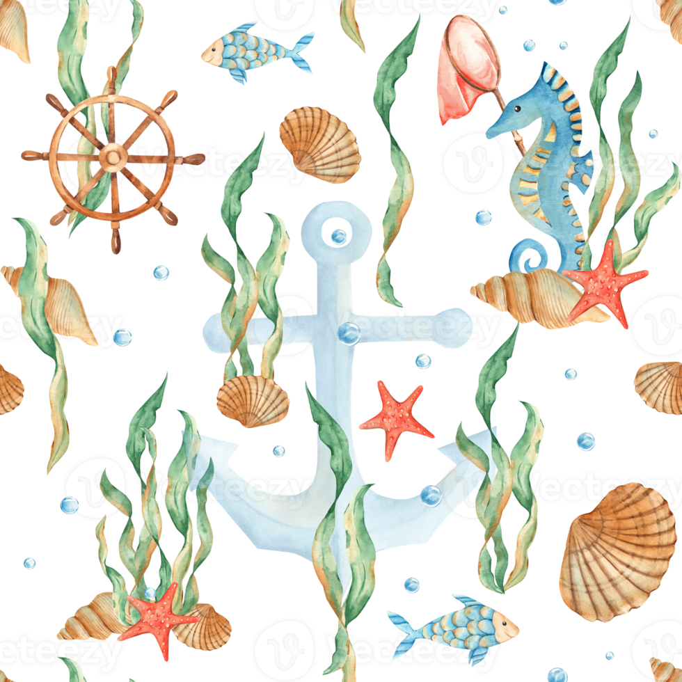 Watercolor under the sea hand drawn seamless pattern with cute fishes, seahorse, nautical anchor, seaweeds, red starfish, seashells, orange net, wooden steering wheel and water bubbles. For fabric png