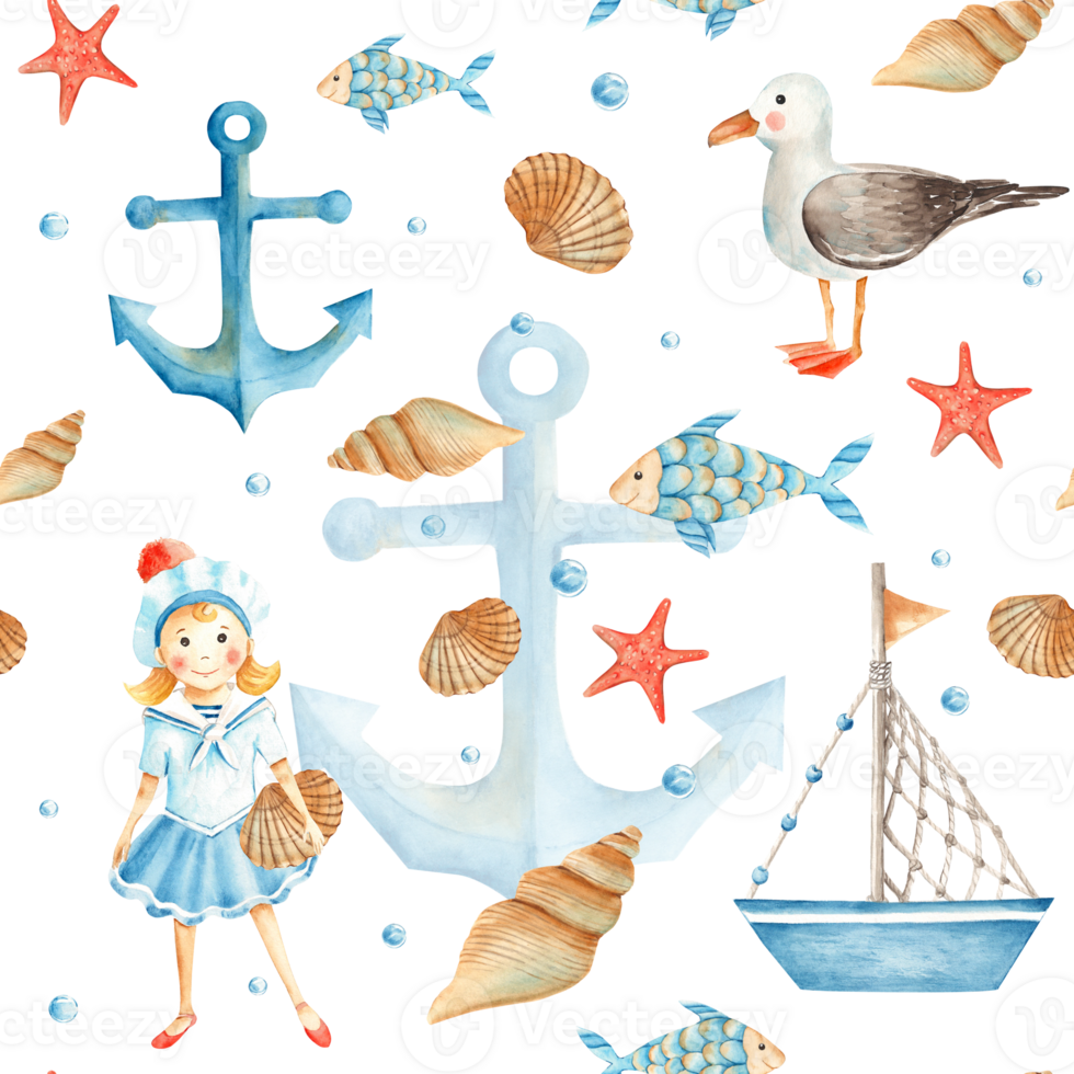 Watercolor sea seamless pattern with cute sailor girl, boat, ship, fishes, seagull, nautical anchor, red starfish, seashells and water bubbles. Hand drawn illustration. For fabric, textiles png