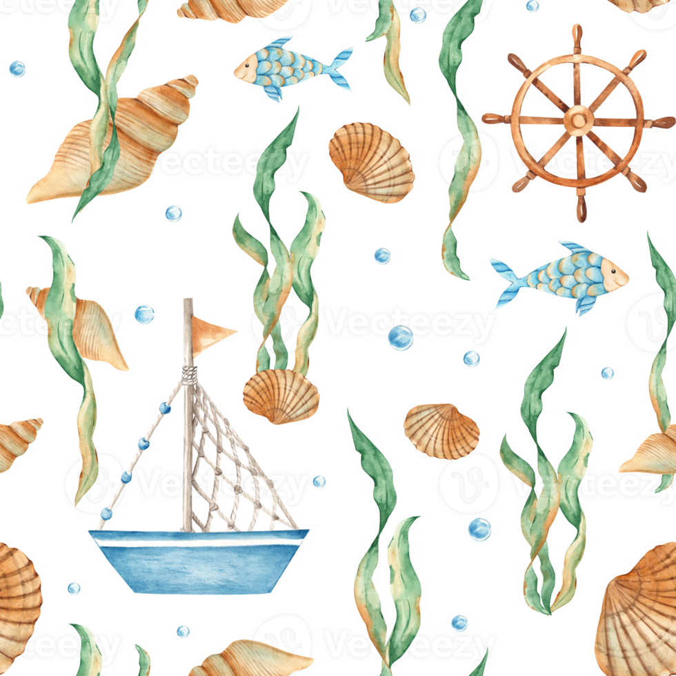 Watercolor under the sea hand drawn seamless pattern with cute fishes, ship, boat, wooden steering wheel, seaweeds, seashells and water bubbles. For fabric, textiles, baby clothes, wallpaper png