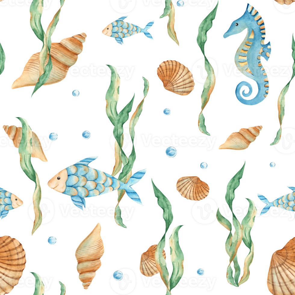 Watercolor under the sea hand drawn seamless pattern with cute fish, seaweeds, seahorse, seashells and water bubbles. For fabric, textiles, baby clothes, wallpaper, marine design. png