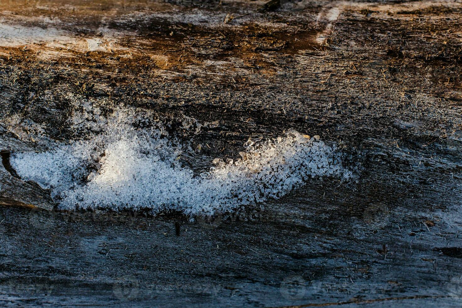 Snow lies on the old cracked wood. Winter wooden background. Ice photo