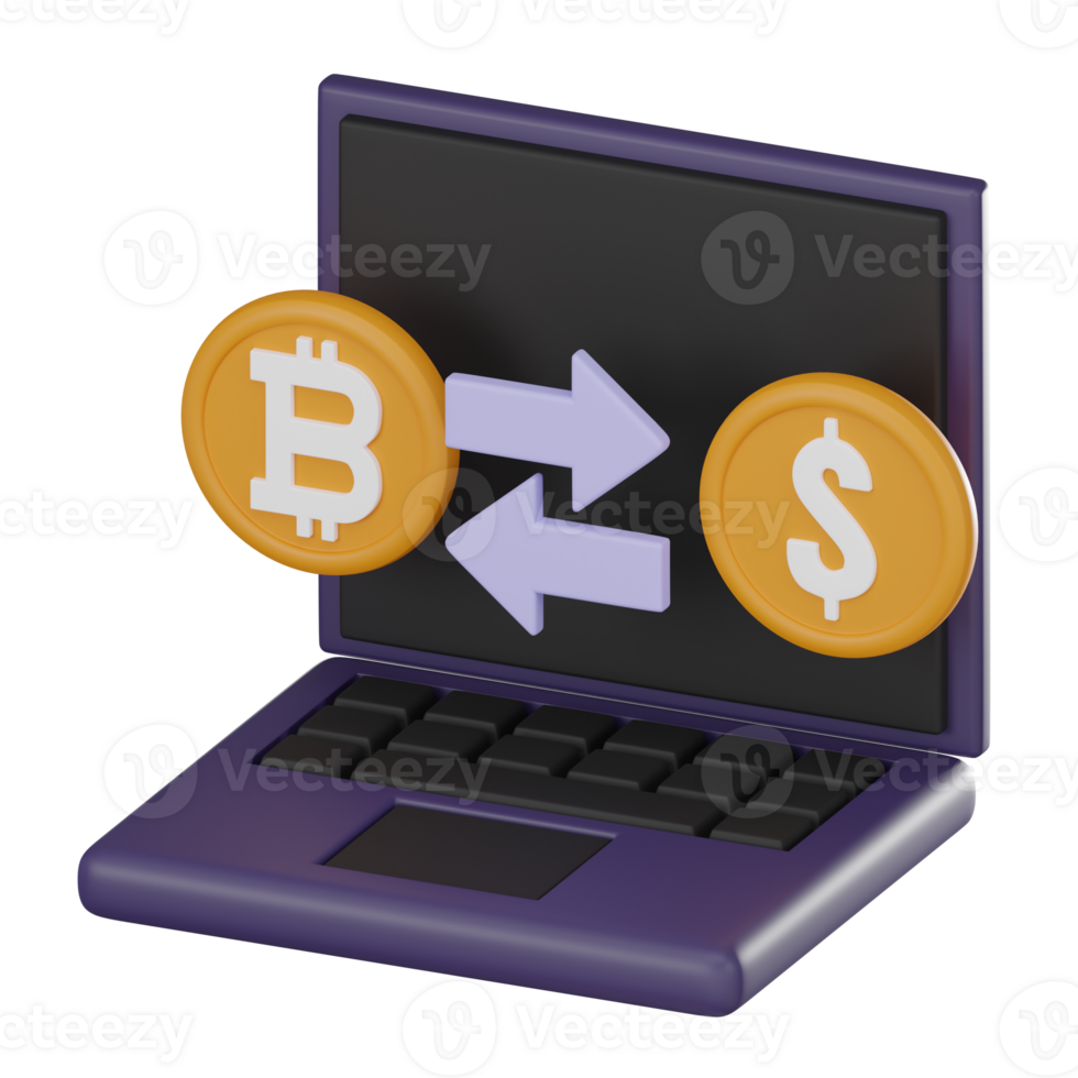 Bitcoin Exchange on Laptop Cryptocurrency 3D Icons, Online Trading Concept 3D render. png