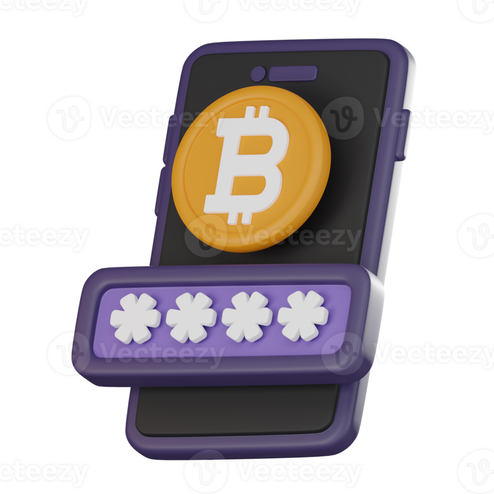 Password protected cryptocurrency bitcoin icon, 3D render png