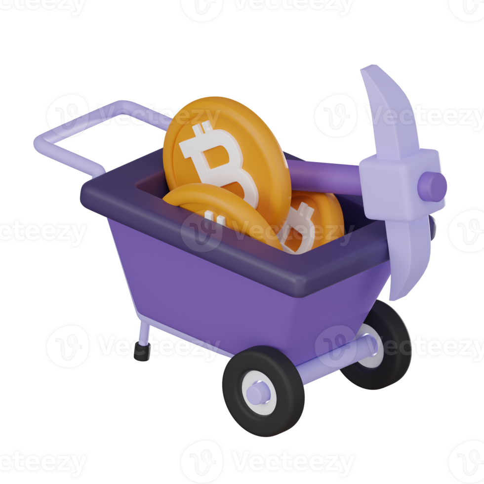 Cryptocurrency mining icon minecart, pickaxe, and bitcoin coins 3D render. png