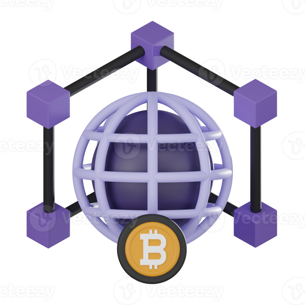 Blockchain and Bitcoin Network Concept - 3D Crypto Icon 3D render png