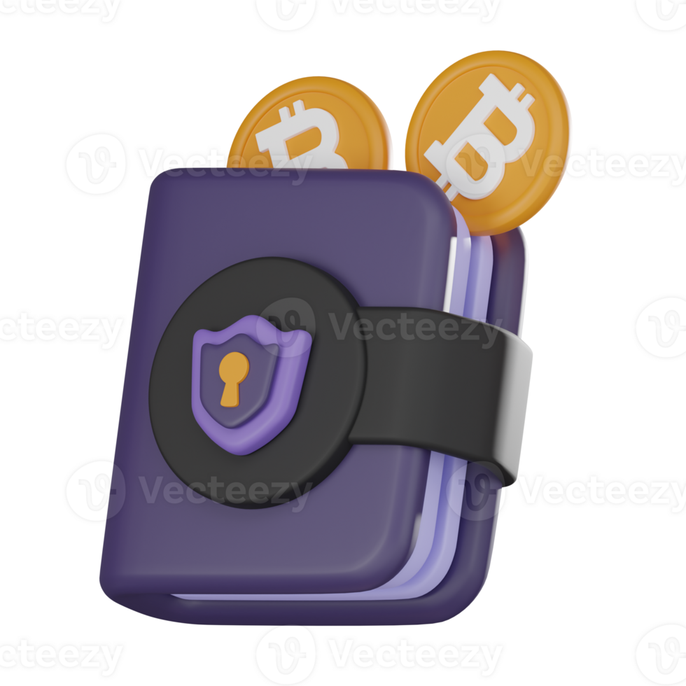 Secure bitcoin wallet crypto 3D icon and blockchain security 3d render png