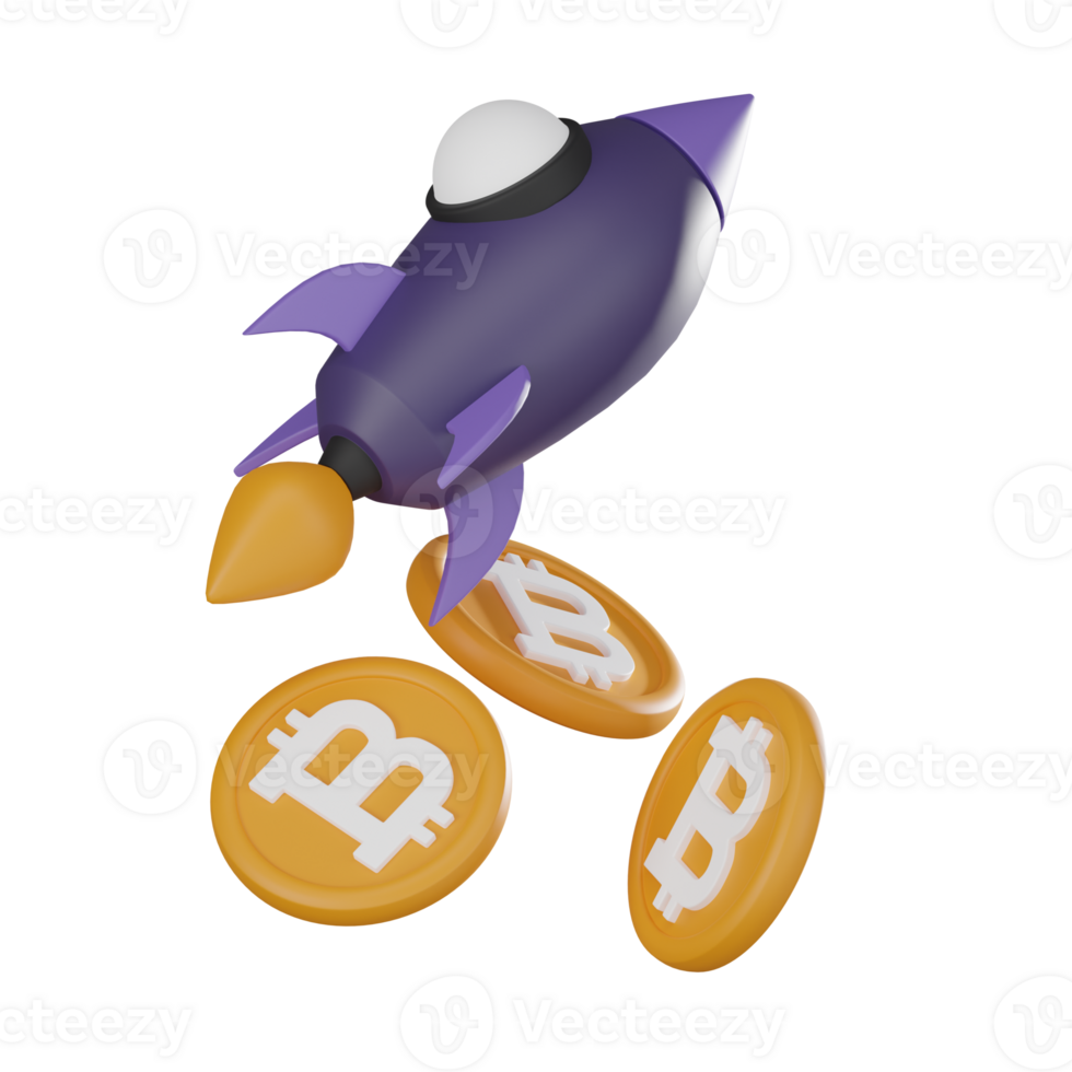 Bitcoin cryptocurrency with rocket launch - 3D render. png