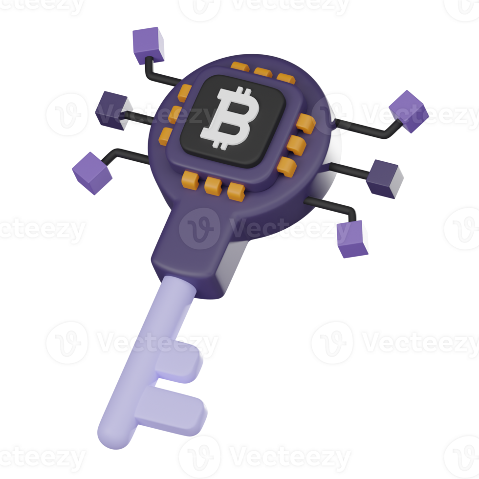 Futuristic bitcoin key 3D icon virtual cryptocurrency Symbol 3D render. png