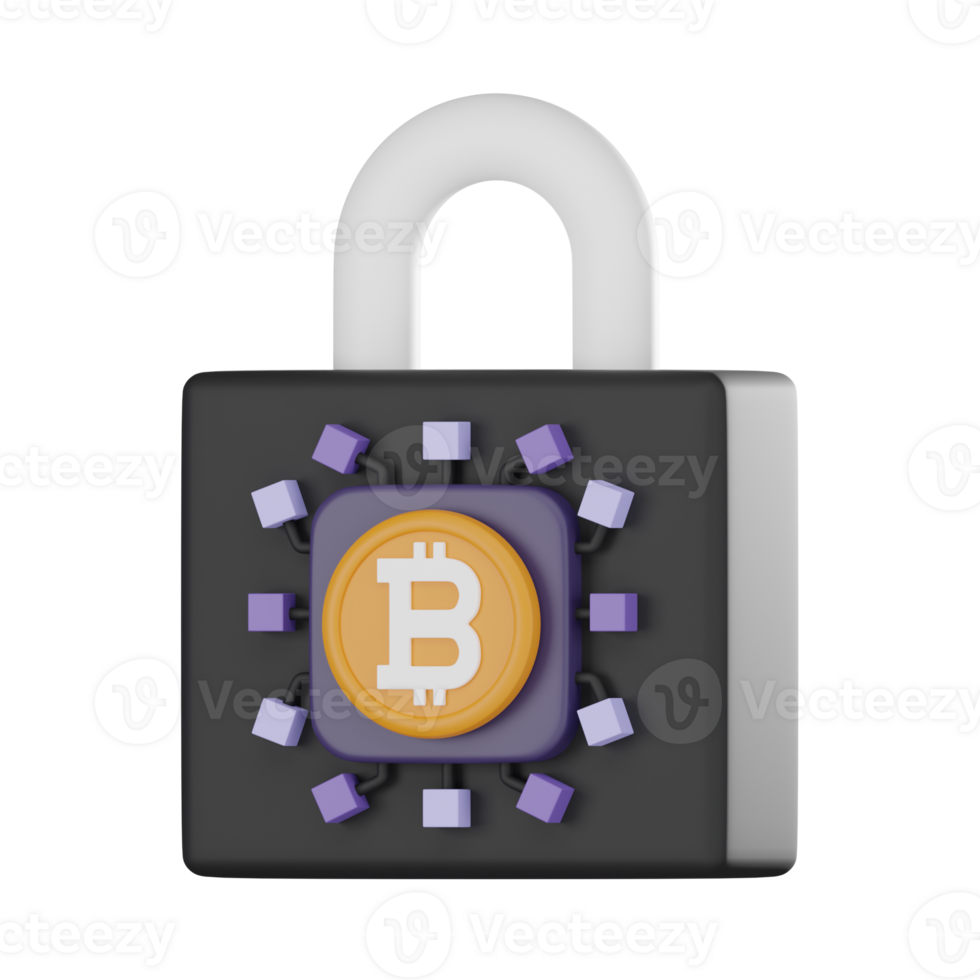Bitcoin cryptocurrency lock icon 3D render png