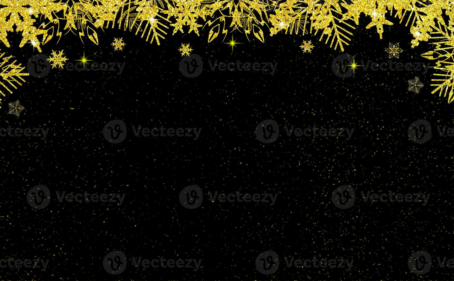 Golden glittering snowflakes with particles on black background. Christmas, New Year, holiday, winter, black Friday. Copy space photo