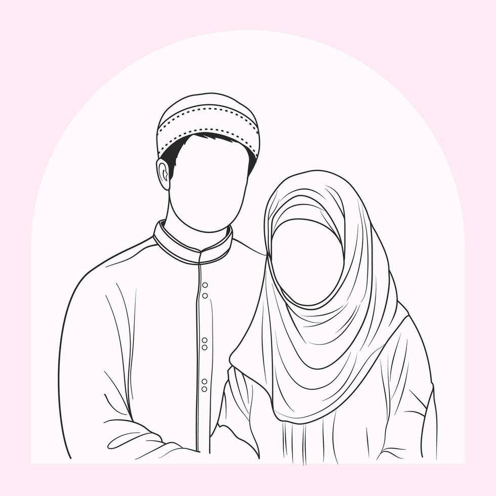 Hand drawn Muslim couple holding hands line art vector