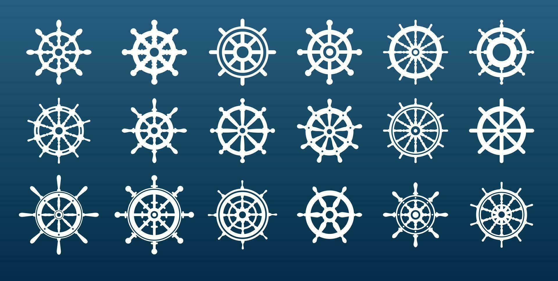 A large set of ship's rudders. Silhouettes of ship helms vector