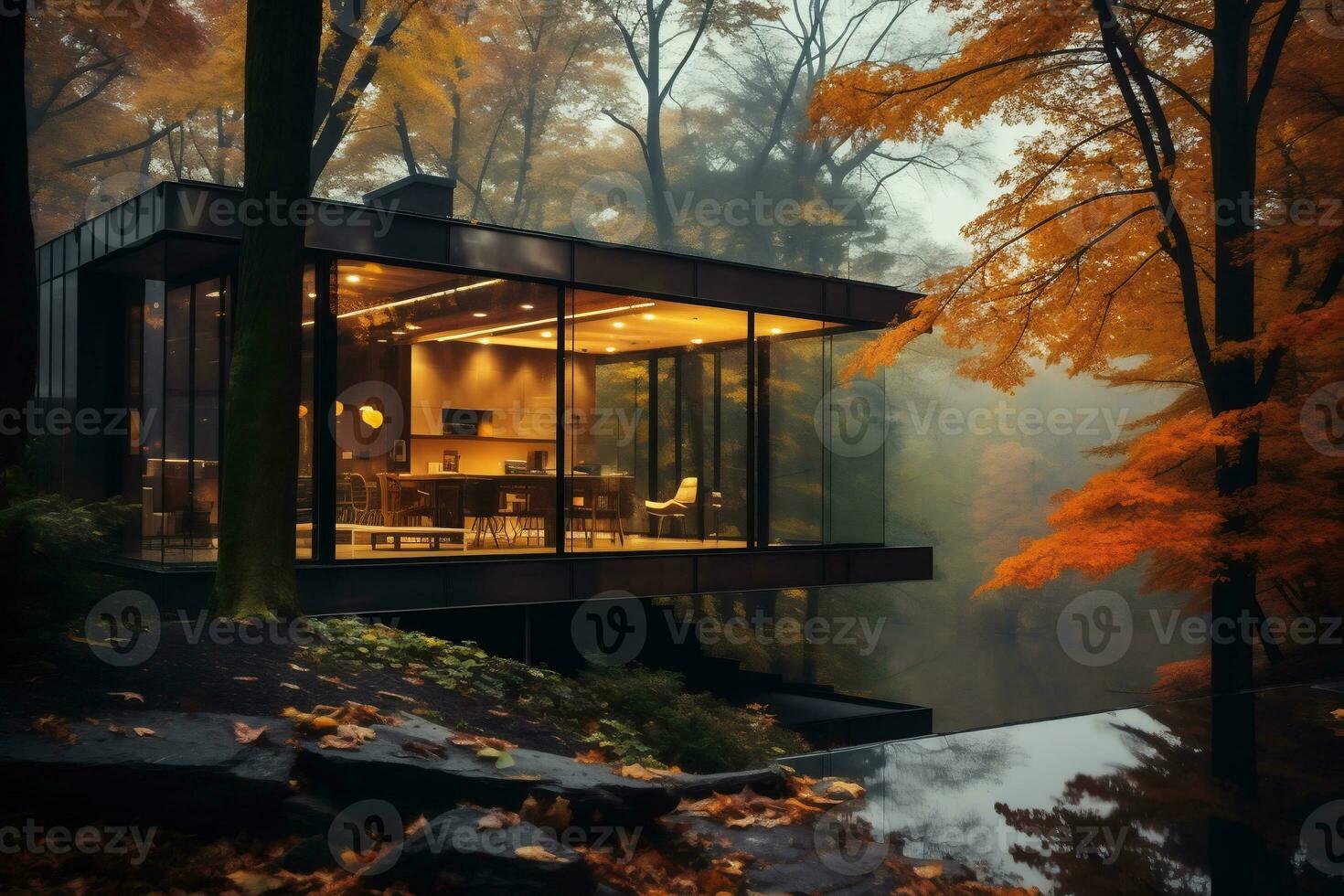 Exterior of a modern luxury house in the middle of autumn forest. AI Generative photo