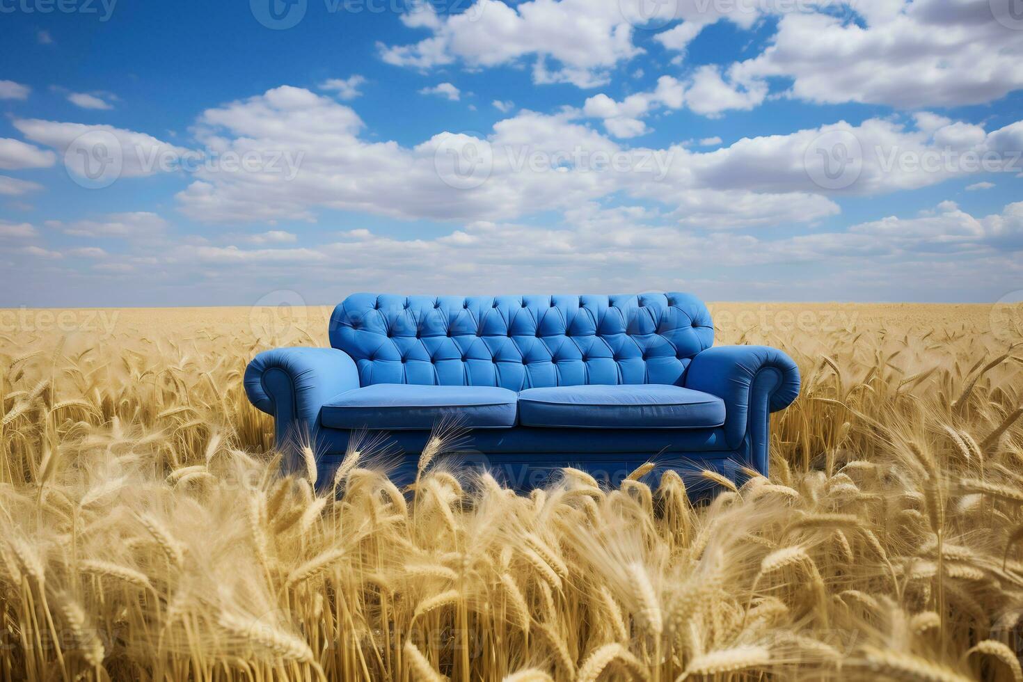un azul sofá en un campo de trigo. un símbolo de paz y comodidad entre el cosecha. ai generativo foto