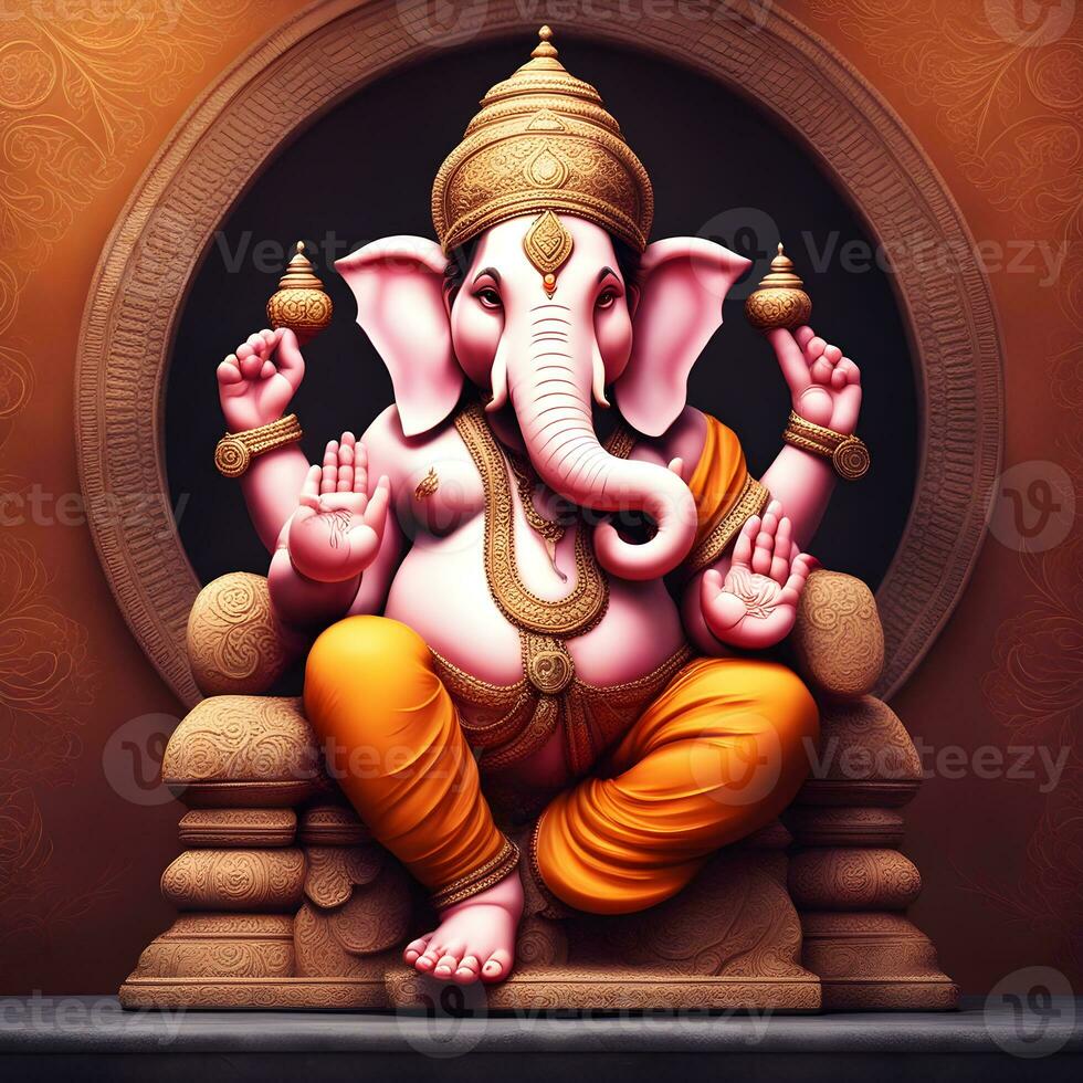 Ganesh--hindu-lord-Ganesha-on-decorative-background--Graphical-poster-modern-art, Lord Ganesha sculpture with decorative elements - ai generative photo