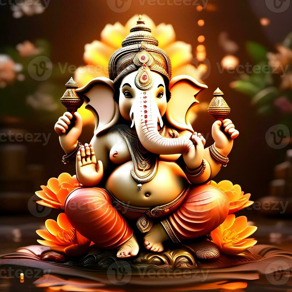 Ganesh--hindu-lord-Ganesha-on-decorative-background--Graphical-poster-modern-art, Lord Ganesha sculpture with decorative elements - ai generative photo