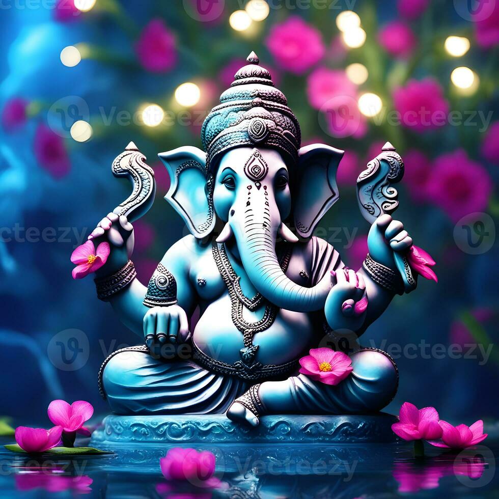 Ganesh--hindu-lord-Ganesha-on-decorative-background--Graphical-poster-modern-art, Lord Ganesha sculpture with decorative elements - ai generative photo