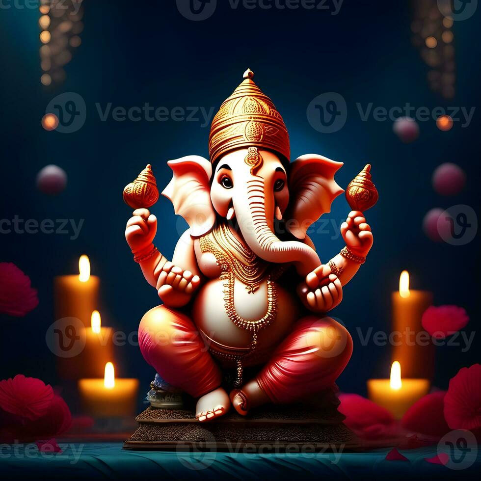 Ganesh--hindu-lord-Ganesha-on-decorative-background--Graphical-poster-modern-art, Lord Ganesha sculpture with decorative elements - ai generative photo