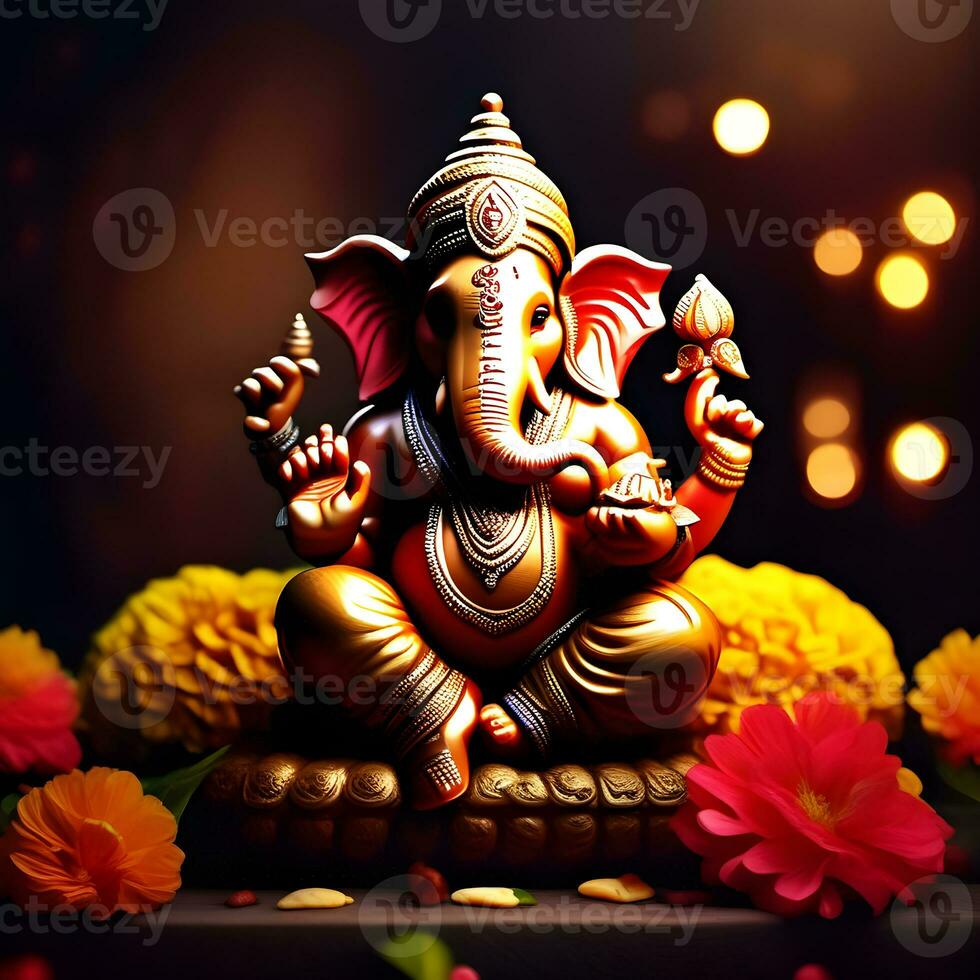 Ganesh--hindu-lord-Ganesha-on-decorative-background--Graphical-poster-modern-art, Lord Ganesha sculpture with decorative elements - ai generative photo