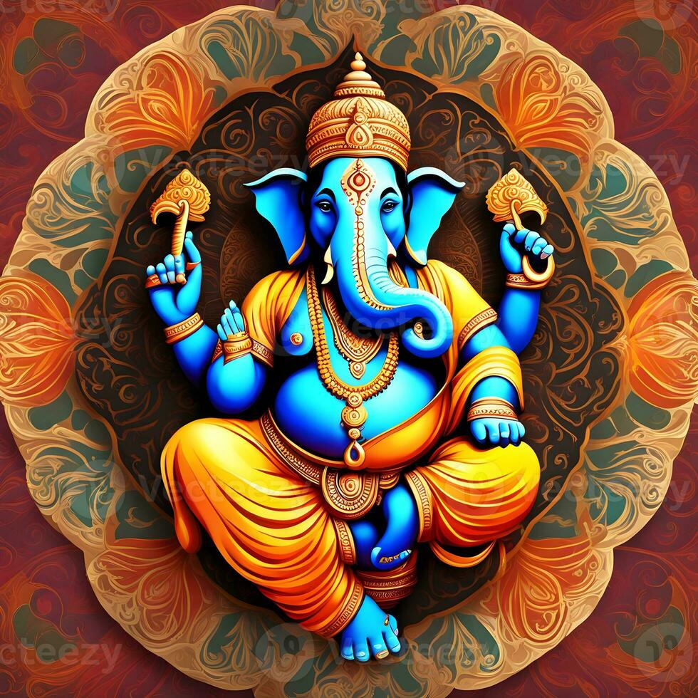 Ganesh--hindu-lord-Ganesha-on-decorative-background--Graphical-poster-modern-art, Lord Ganesha sculpture with decorative elements - ai generative photo
