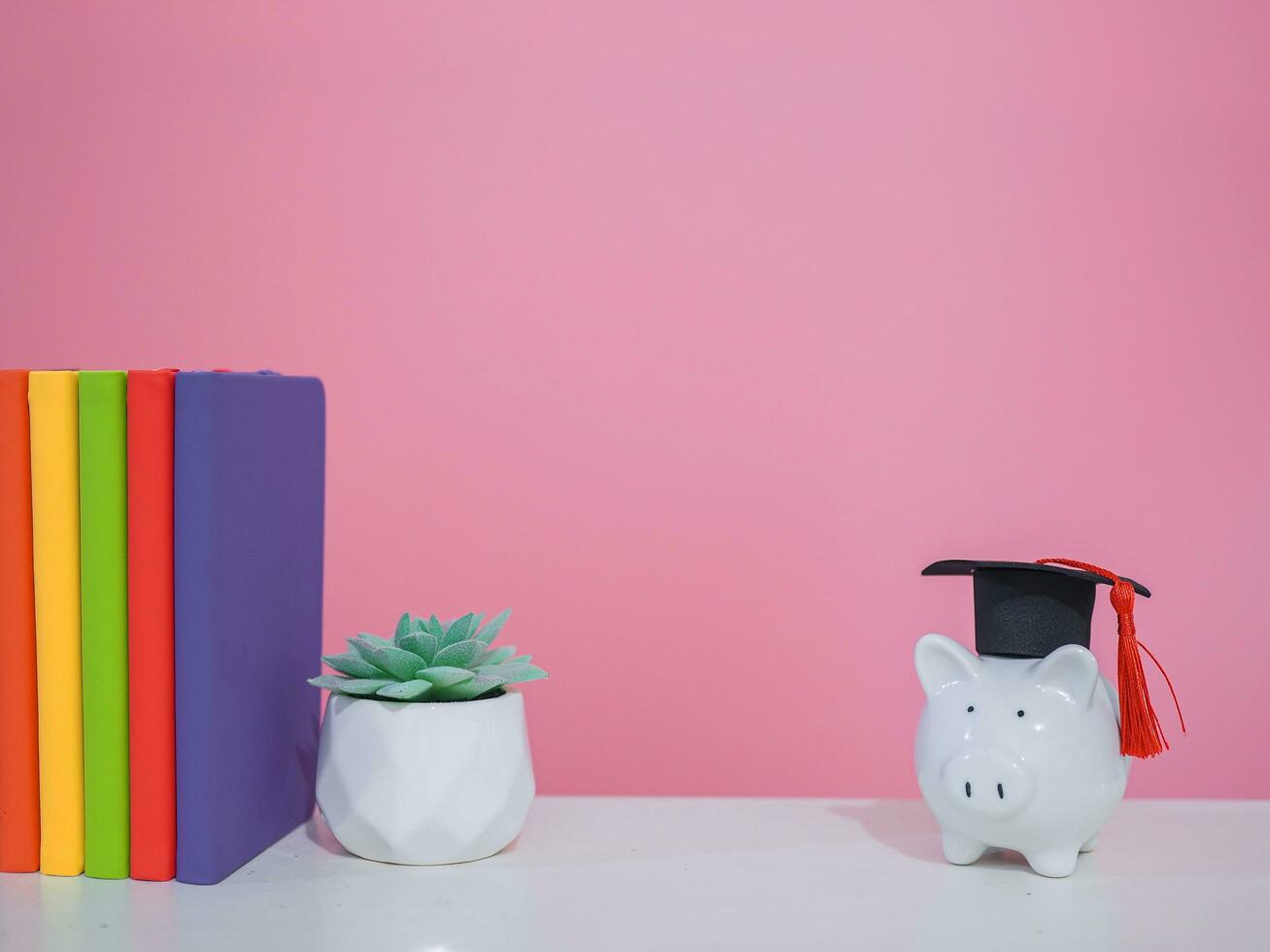 Piggy bank with graduation hat, Colorful hardcover book and Potted cactus, Copy space for text, Back to school, Education concept photo