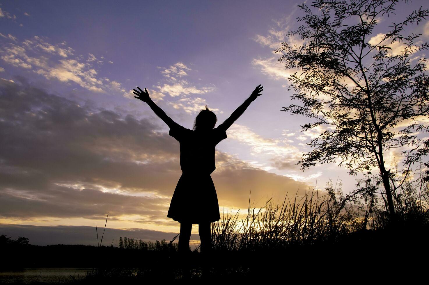 a silhouette of a person standing with their arms up photo