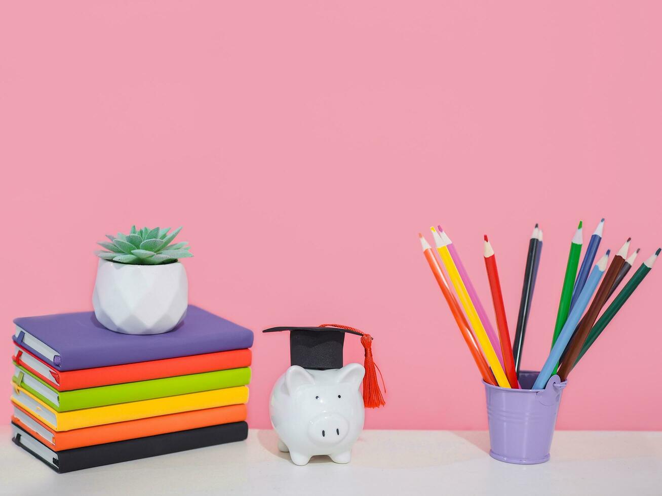 Potted cactus on stack colorful hardcover book, Piggy bank with graduation hat and color pencils, Copy space for text, Back to school, Education concept photo