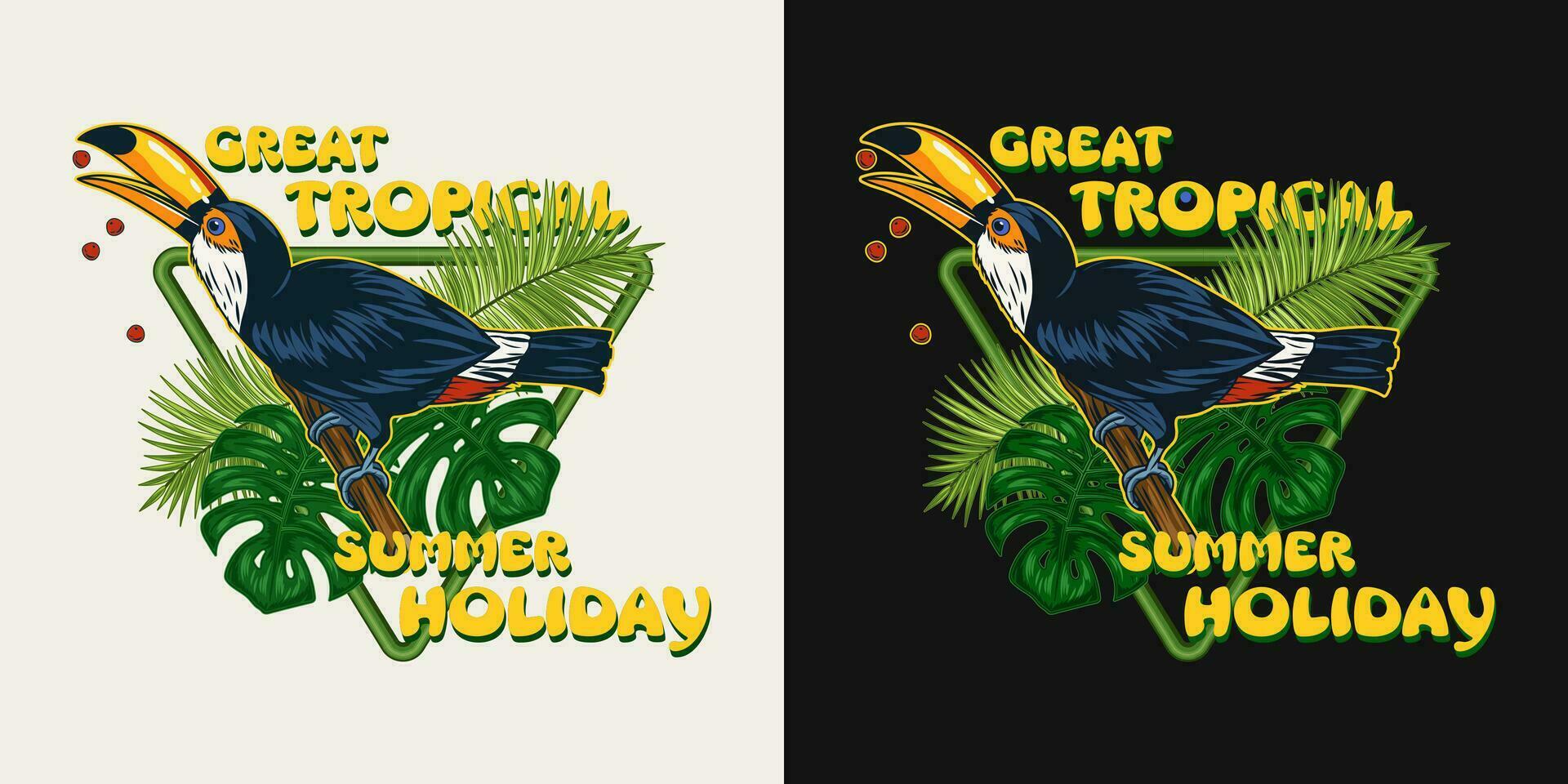 Triangle label with toucan bird, tropical foliage vector