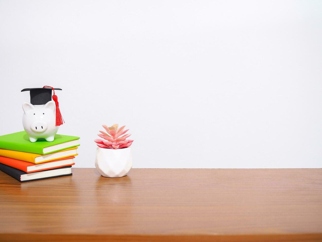 Piggy bank with graduation hat on hardcover book and potted cactus. Copy space for text, Back to school, Education concept photo