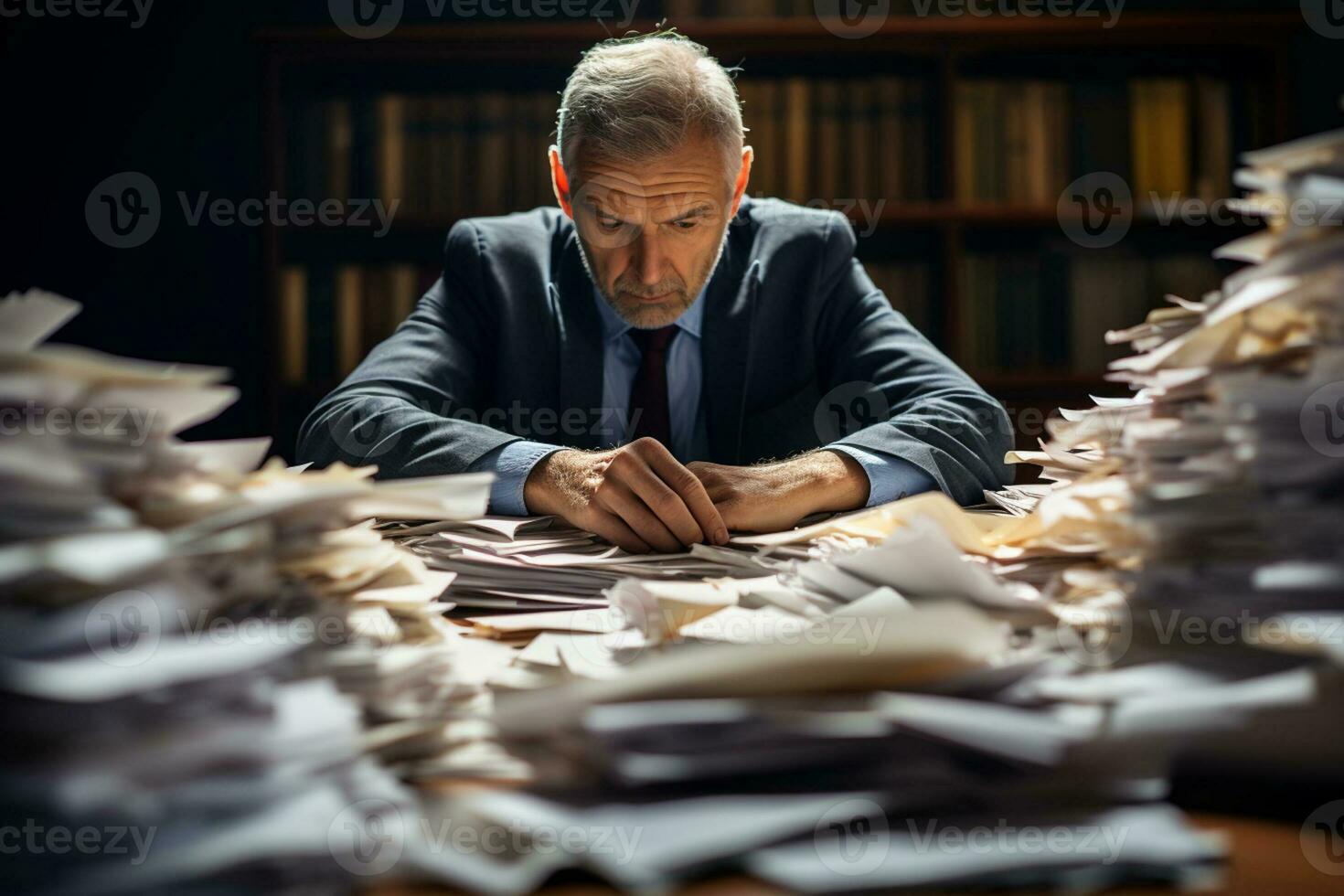 a man hard working with a lot of paper on work table photo