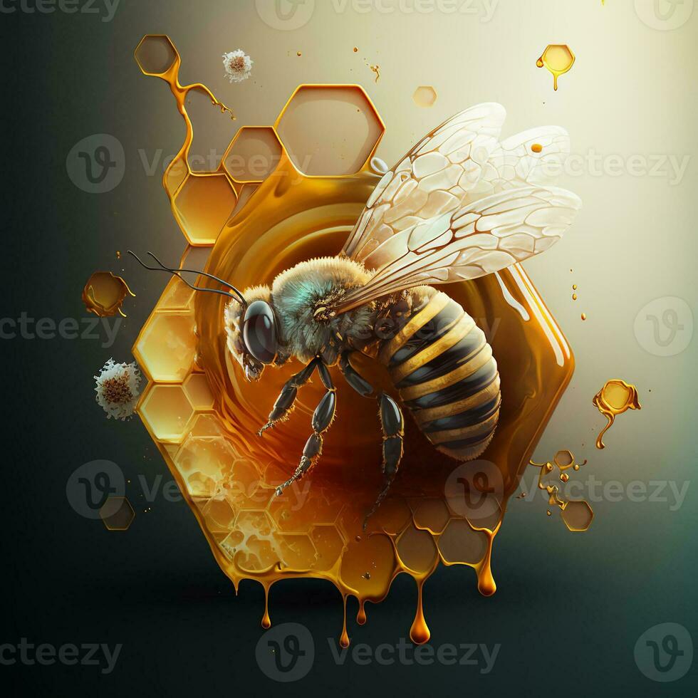 un abeja en un panal. logo en un oscuro antecedentes. un moderno fantástico imagen de un abeja con gotas de Miel. generativo ai foto