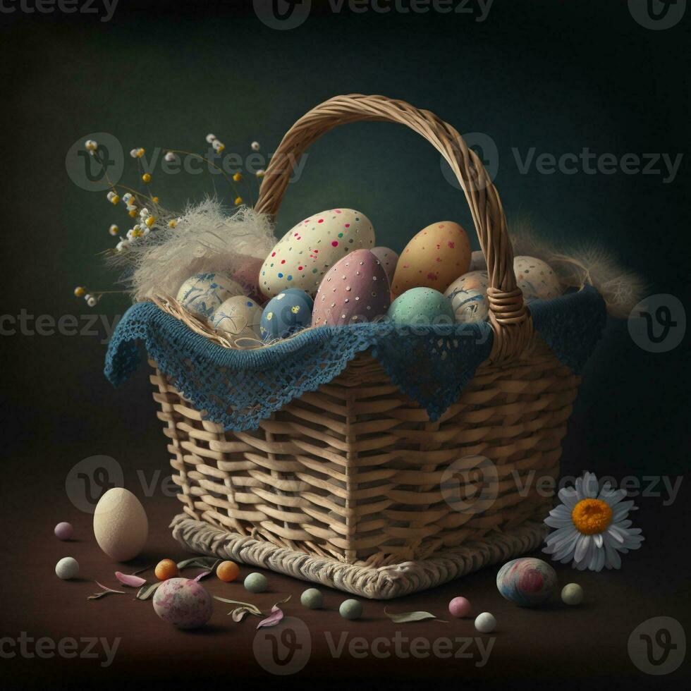 Basket with eggs for Easter. Generative AI photo
