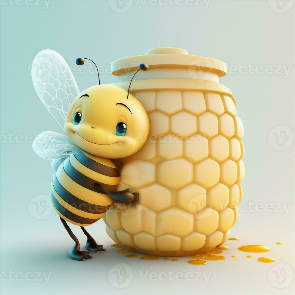 un linda animado abeja sonriente abrazos un barril de Miel. miel cosecha. logo para apicultores o imagen para un apicultura sitio. generativo ai foto