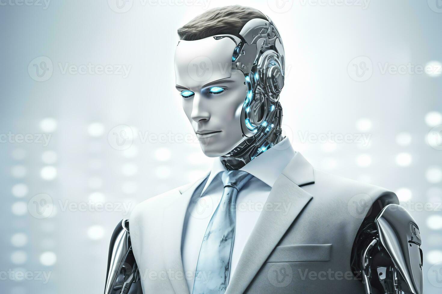 A robot face on light background. Artificial intelligence concept. AI Generated photo