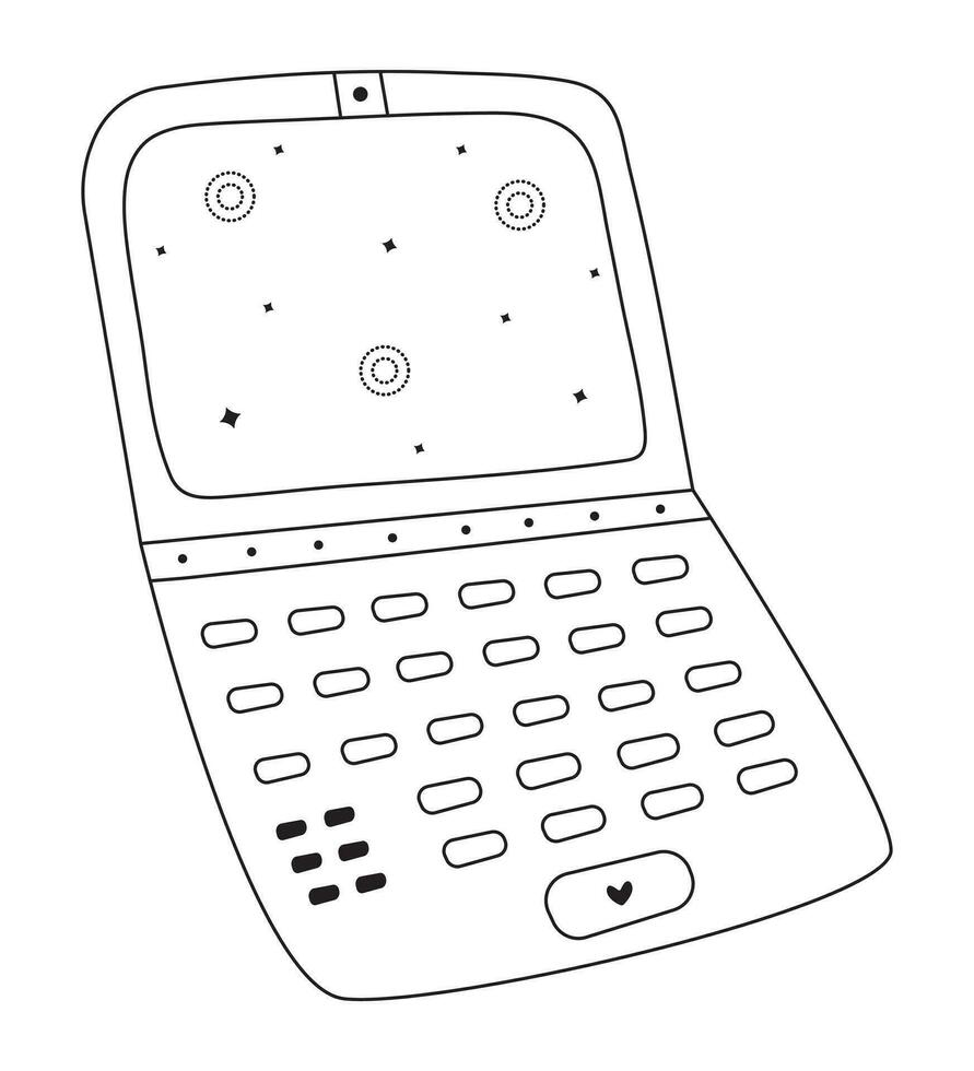 Black line laptop doodle, cute vector flat illustration of personal pc, monochrome pictogram of computer