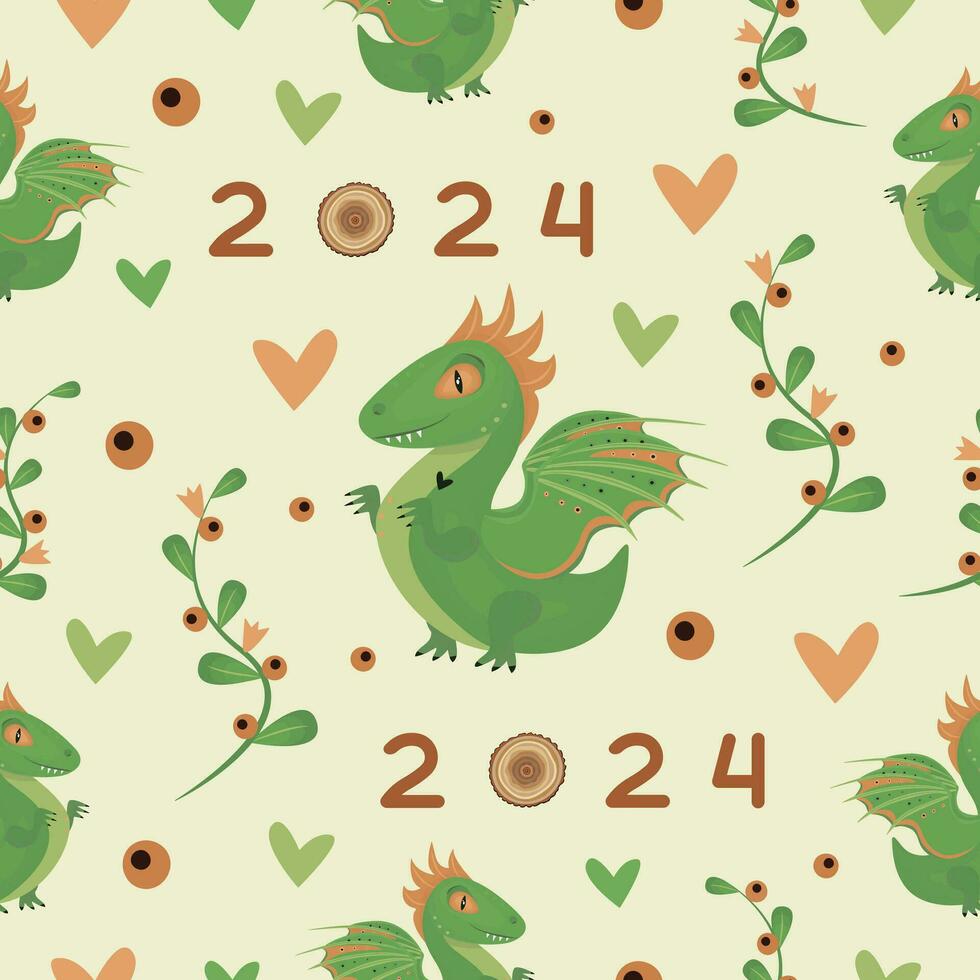 Cute seamless pattern of wood green dragon, color light vector background for 2024 year