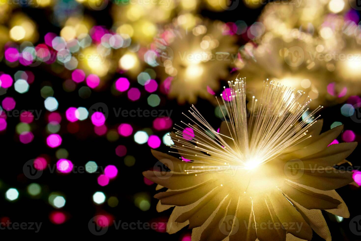 Closeup lighting flowers with light glowing up on colorful blurred and bokeh on night time background photo