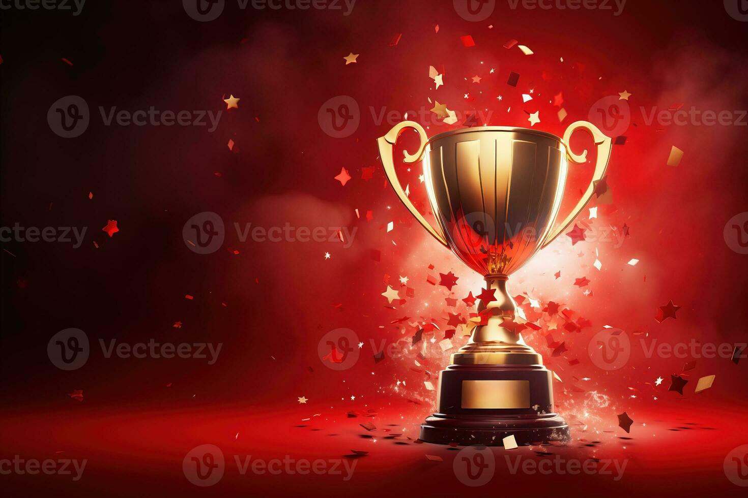 Generative AI, Winner trophy with flames, red golden champion cup with falling confetti on red background. photo