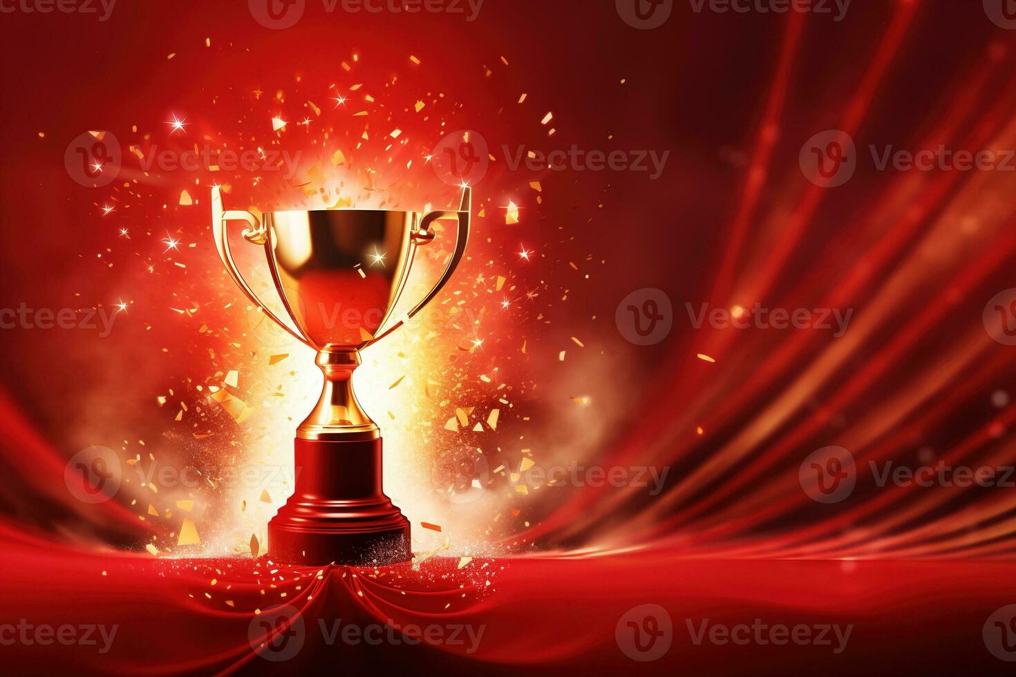 Generative AI, Winner trophy with flames, red golden champion cup with falling confetti on red background. photo