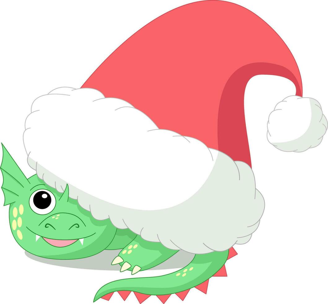 little green dragon under red santa hat, character, year of the dragon 2024, holidays, vector illustration
