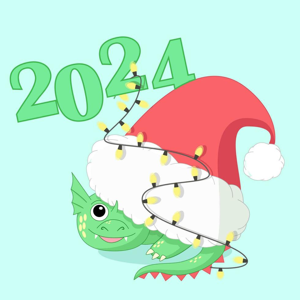 cute and little green dragon under santa's hat, new year 2024, holidays, vector illustration