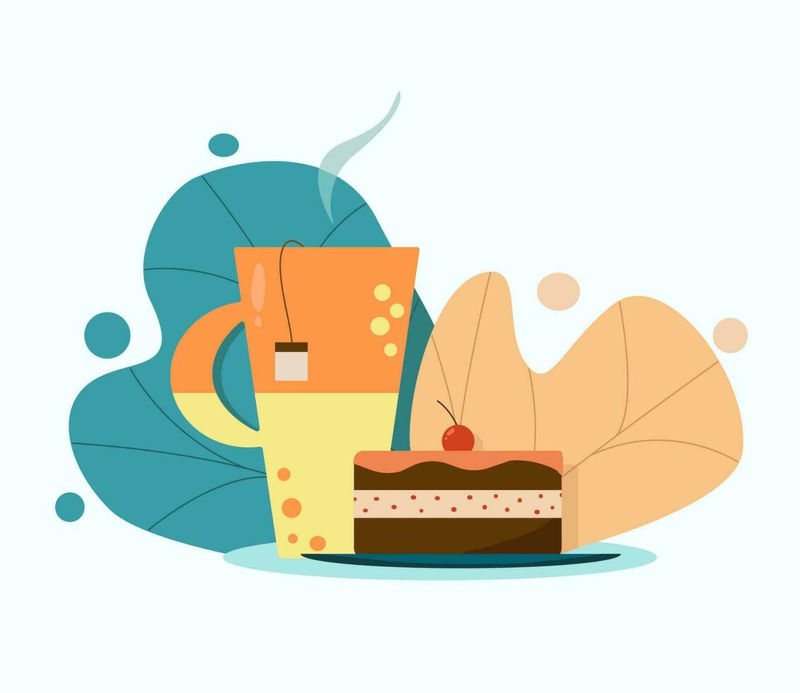 simple vector illustration of tea with a piece of cake